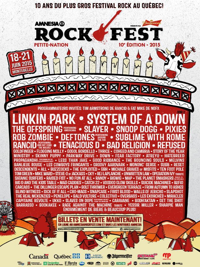 Rockfest 2015 lineup. Full lineup including System of a Down, Linkin Park, Snoop Dogg, Slayer and more. 
