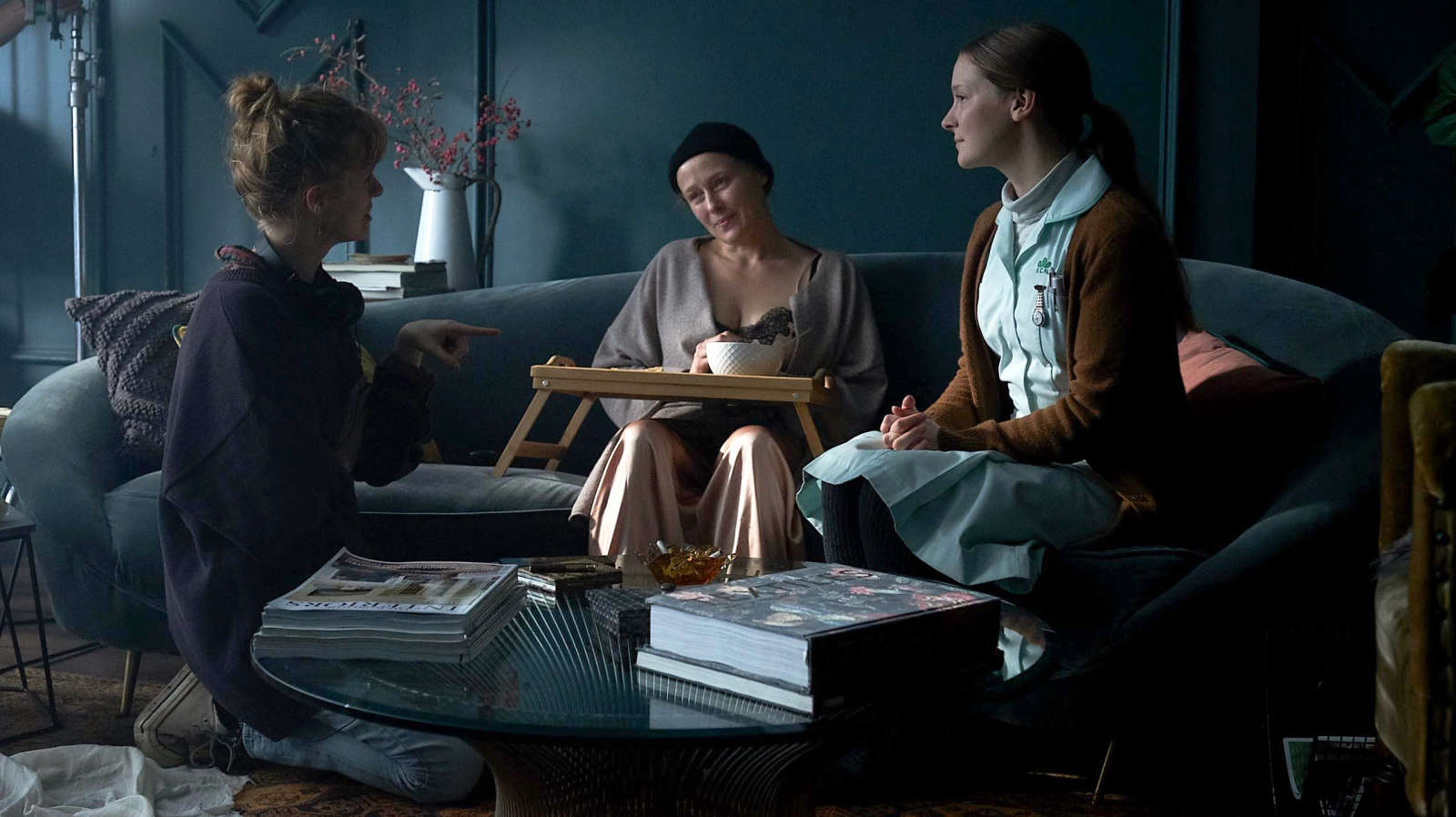 L to R: Rose Glass, Jennifer Ehle, and Morfydd Clark on the set of Saint Maud