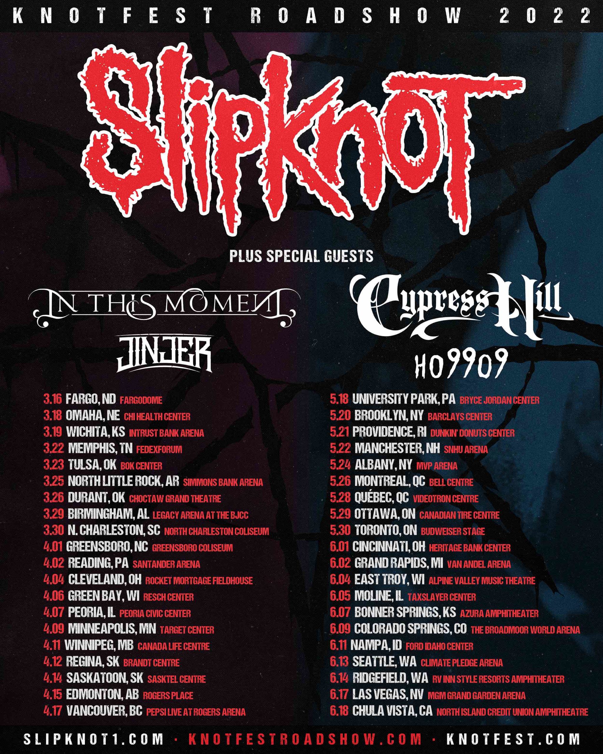 Slipknot hitting the road with Cypress Hill,  Ho99o9, In This Moment and Jinjer on the Knotfest Roadshow 2022 tour tour dates pre-sale on sale